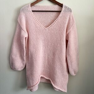 Soft Blush Pink Chunky Knit Sweater Oversized V Neck Slouchy Boho OXL